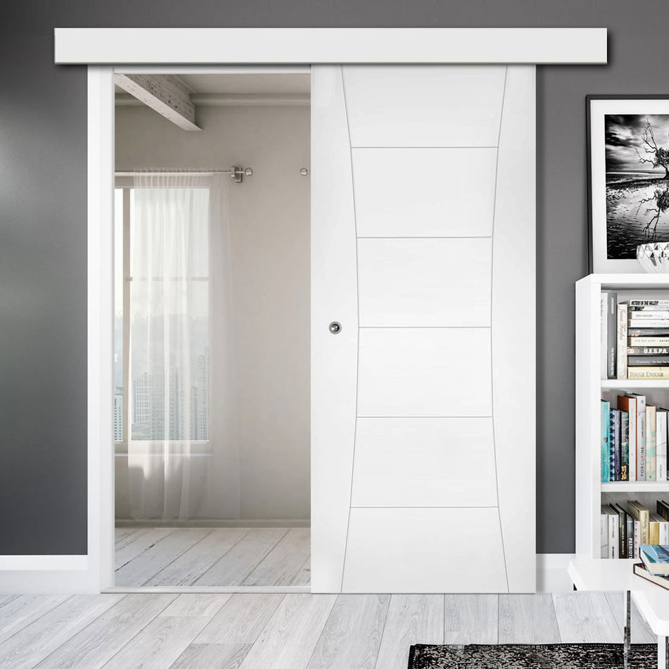 Single Sliding Door & Wall Track - Pamplona White Primed Flush Door