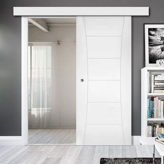 Image: Single Sliding Door & Wall Track - Pamplona White Primed Flush Door