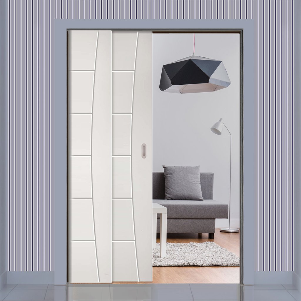 Pamplona Flush Staffetta Twin Telescopic Pocket Doors - White Primed