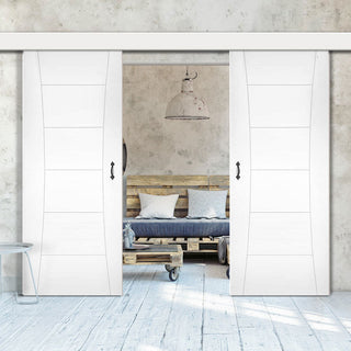 Image: Double Sliding Door & Wall Track - Pamplona White Primed Flush Door
