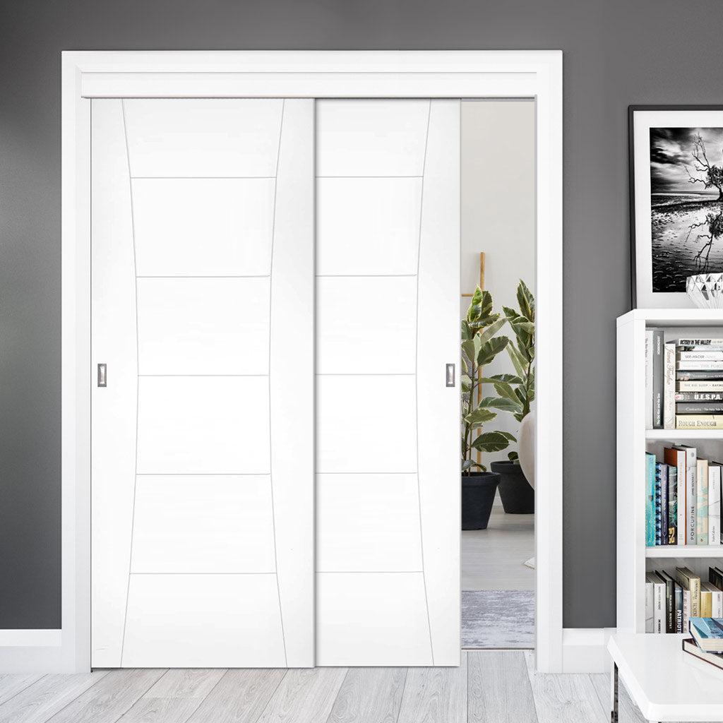 Pass-Easi Two Sliding Doors and Frame Kit - Pamplona White Primed Flush Door