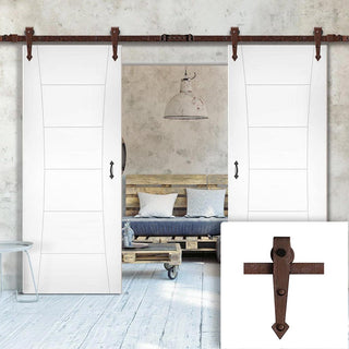 Image: Double Sliding Door & Arrowhead Antique Rust Track - Pamplona White Primed Flush Door