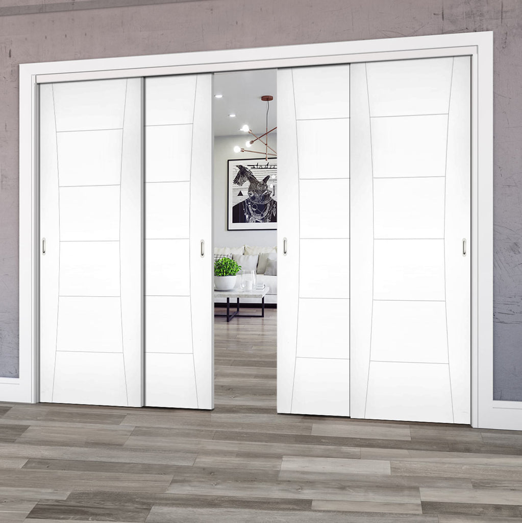 Pass-Easi Four Sliding Doors and Frame Kit - Pamplona White Primed Flush Door