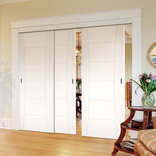 Image: Pass-Easi Three Sliding Doors and Frame Kit - Pamplona White Primed Flush Door