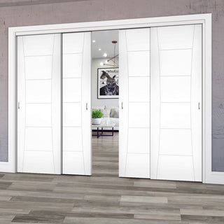 Image: Pass-Easi Four Sliding Doors and Frame Kit - Pamplona White Primed Flush Door