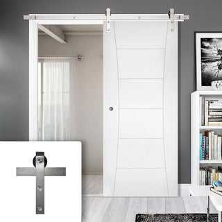 Image: Single Sliding Door & Stainless Barn Steel Track - Pamplona White Primed Flush Door