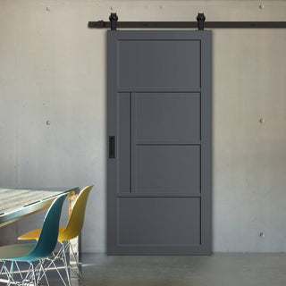Image: Top Mounted Black Sliding Track & Solid Wood Door - Eco-Urban® Boston 4 Panel Solid Wood Door DD6311 - Stormy Grey Premium Primed