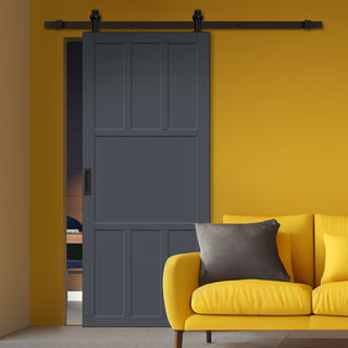 Image: Top Mounted Black Sliding Track & Solid Wood Door - Eco-Urban® Queensland 7 Panel Solid Wood Door DD6424 - Stormy Grey Premium Primed