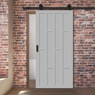 Image: Top Mounted Black Sliding Track & Solid Wood Door - Eco-Urban® Caledonia 10 Panel Solid Wood Door DD6433 - Mist Grey Premium Primed