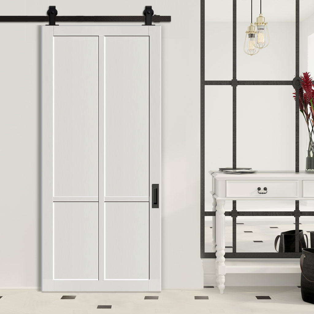 Top Mounted Black Sliding Track & Solid Wood Door - Eco-Urban® Bronx 4 Panel Solid Wood Door DD6315 - Cloud White Premium Primed