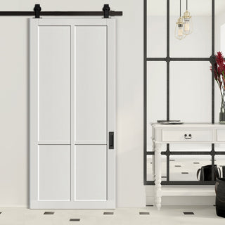 Image: Top Mounted Black Sliding Track & Solid Wood Door - Eco-Urban® Bronx 4 Panel Solid Wood Door DD6315 - Cloud White Premium Primed