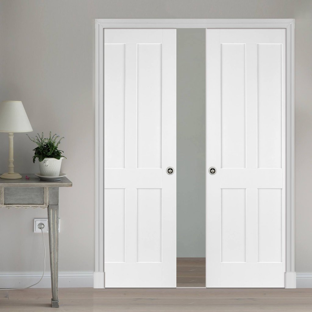 Victorian Shaker 4 Panel Double Evokit Pocket Doors - Primed