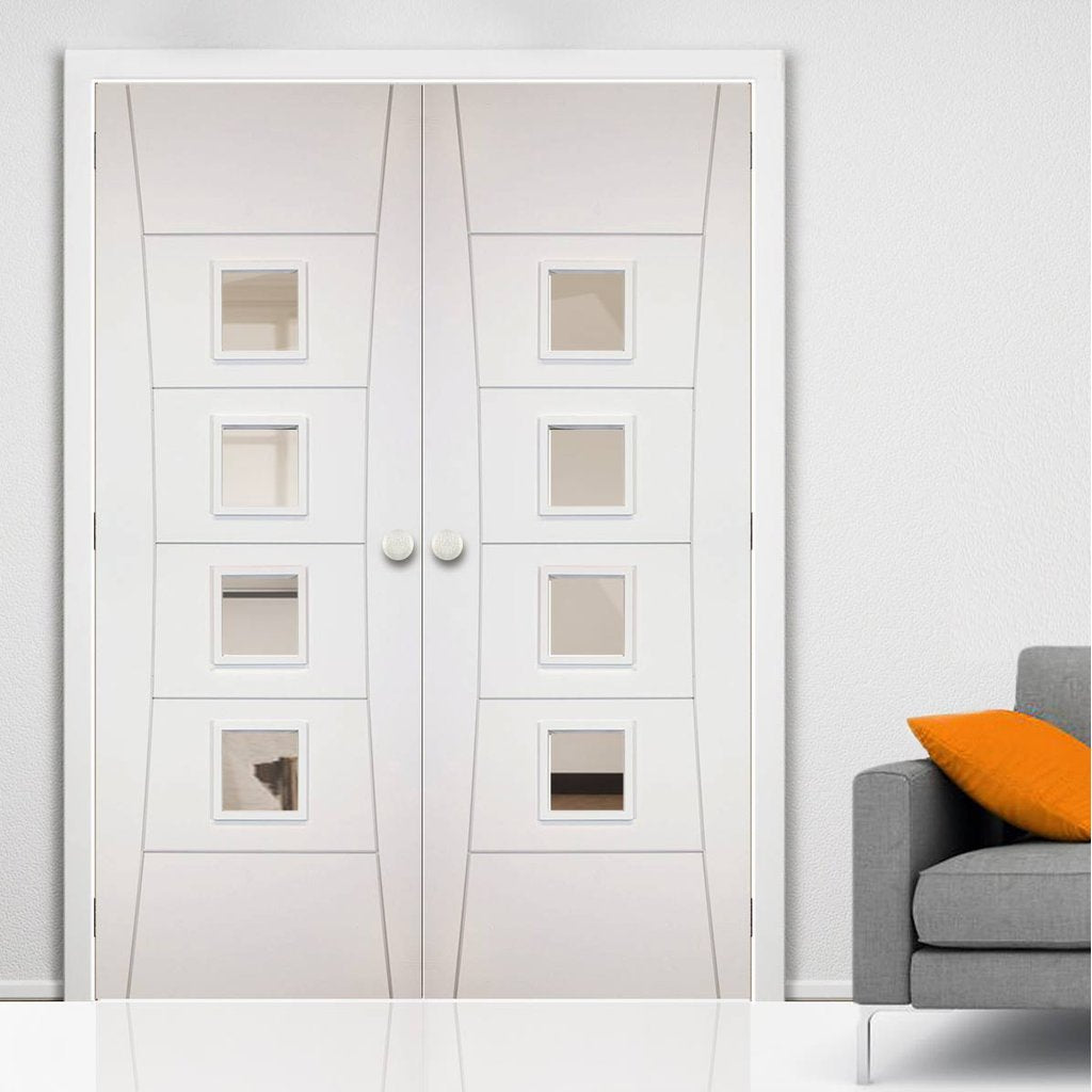 Pamplona White Primed Flush Door Pair - Clear Glass