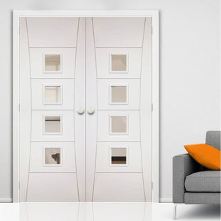 Image: Bespoke Pamplona White Primed Flush Internal Door Pair - Clear Glass