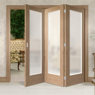 Image: Three Folding Doors & Frame Kit - Pattern 10 Oak Shaker 3+0 - Obscure Glass - Prefinished