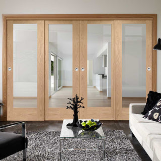Image: Four Sliding Doors and Frame Kit - Pattern 10 Oak 1 Pane Door - Clear Glass - Prefinished