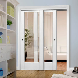 Image: Two Sliding Doors and Frame Kit - Pattern 10 1 Pane Door - Clear Glass - White Primed