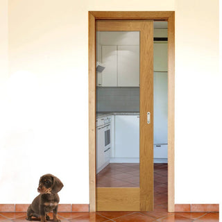 Image: Pattern 10 Oak Single Evokit Pocket Door - Clear Glass - Prefinished