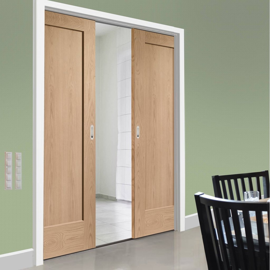 Pattern 10 Oak 1 Panel Double Evokit Pocket Doors - Prefinished