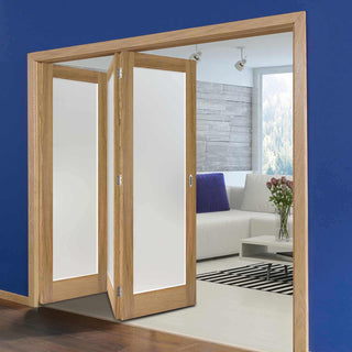 Image: Three Folding Doors & Frame Kit - Pattern 10 Oak 3+0 - Frosted Glass - Unfinished