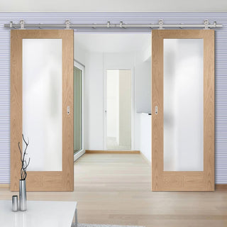 Image: Sirius Tubular Stainless Steel Sliding Track & Pattern 10 Shaker Oak 1 Pane Double Door - Obscure Glass - Unfinished
