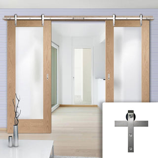 Image: Double Sliding Door & Stainless Steel Barn Track - Pattern 10 1 Pane Shaker Oak Doors - Obscure Glass - Unfinished