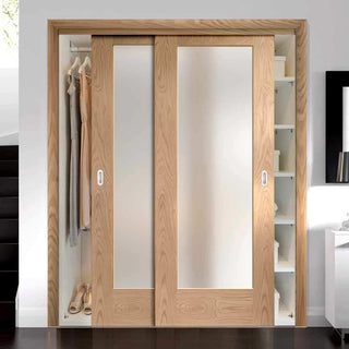 Image: Minimalist Wardrobe Door & Frame Kit - Two Pattern 10 Oak Shaker Doors - Obscure Glass - Prefinished