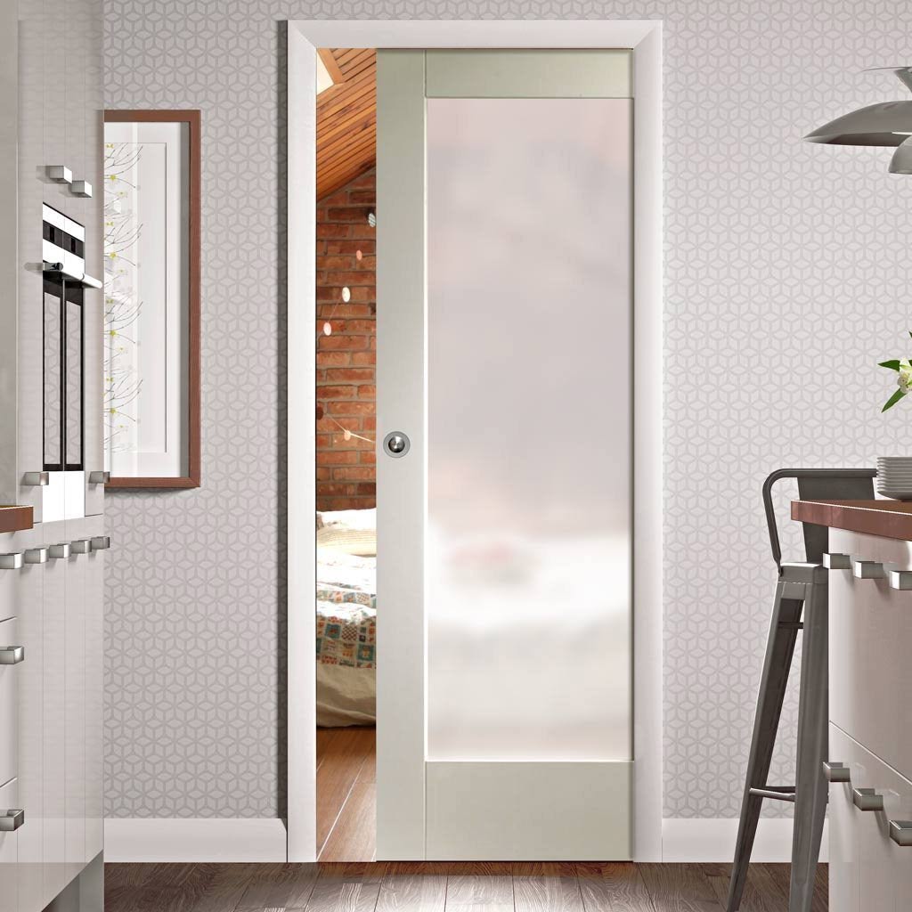 Pattern 10 Full Pane Single Evokit Pocket Door - Frosted Glass - Primed