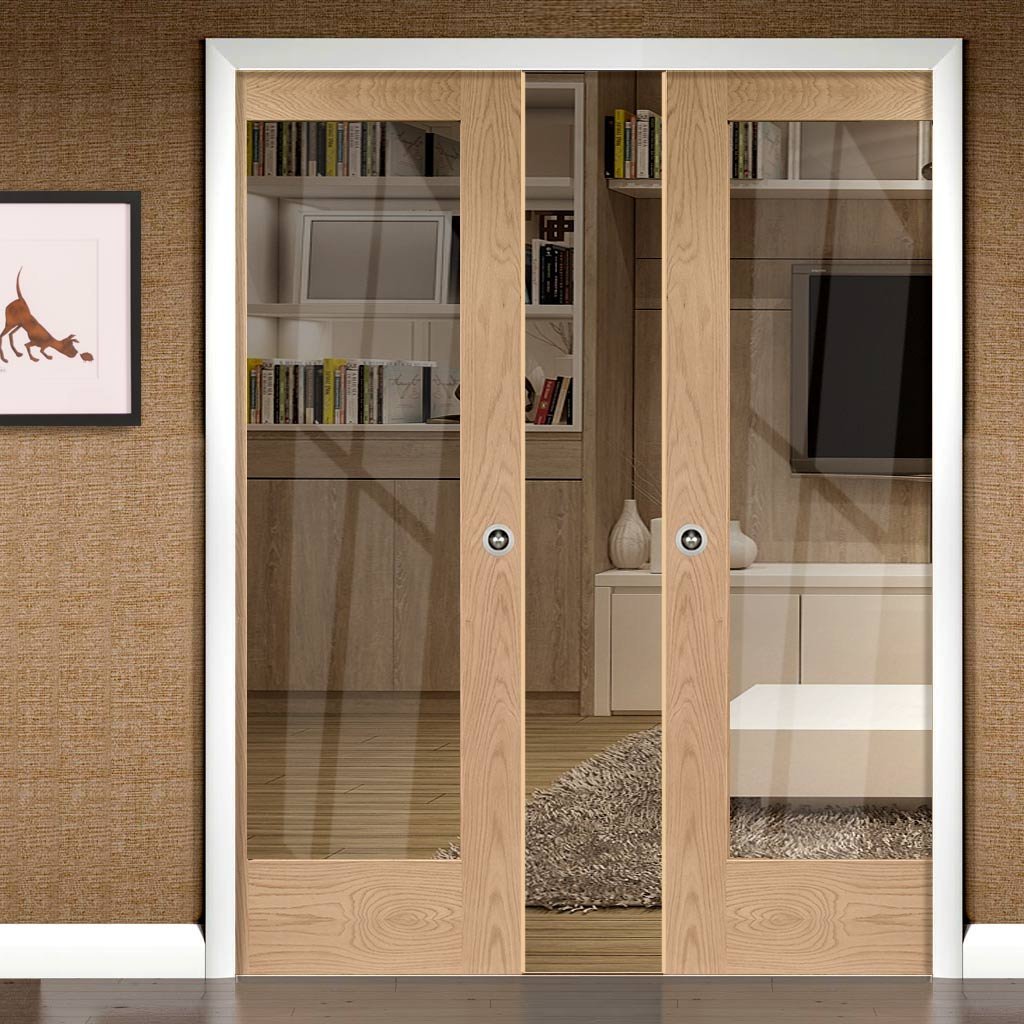 Pattern 10 Oak Double Evokit Pocket Doors - Clear Glass - Prefinished
