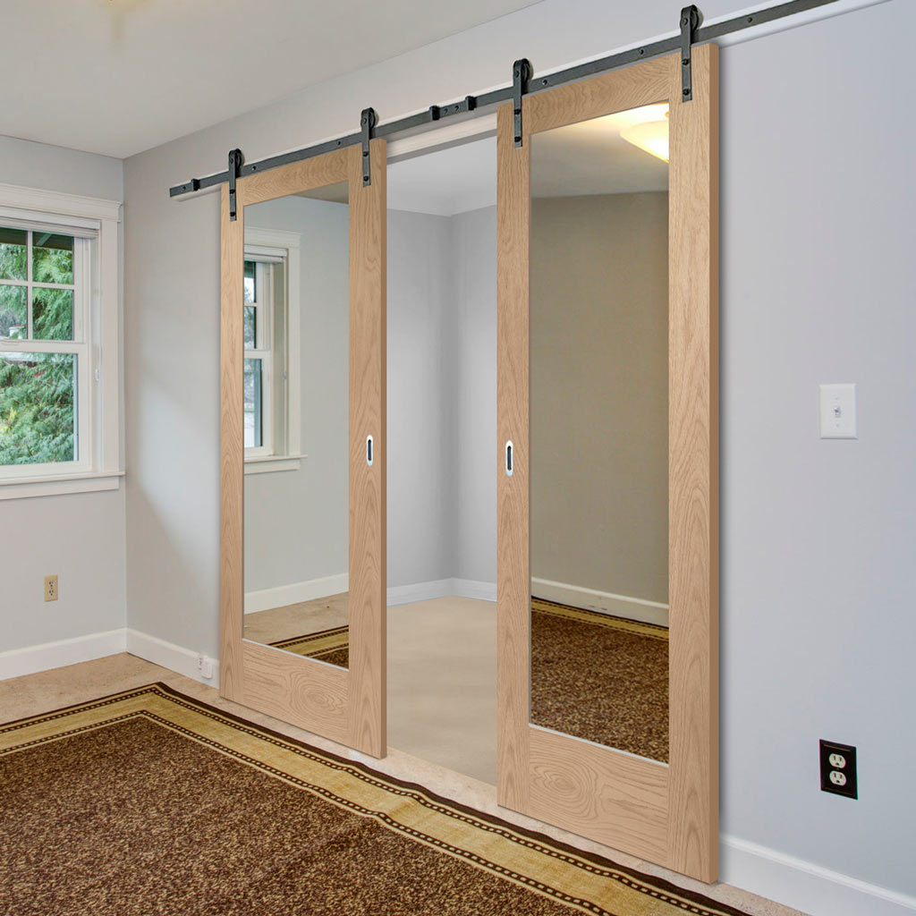 Double Sliding Door & Black Barn Track Pattern 10 Oak Door Mirror