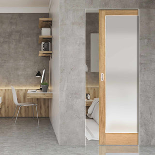 Image: Pattern 10 Oak Absolute Evokit Single Pocket Doors - Full Pane Frosted Glass - Unfinished