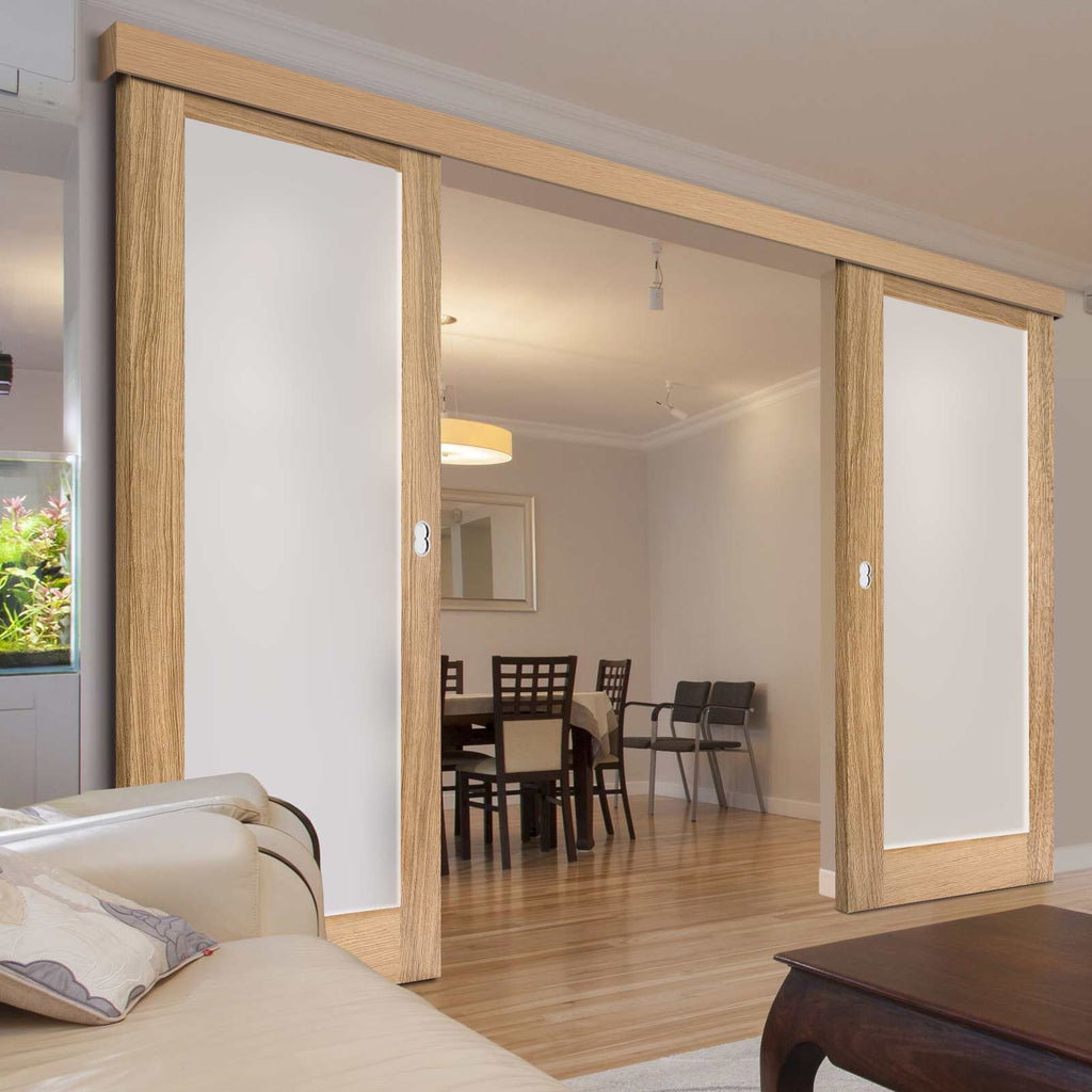 Double Sliding Door & Wall Track - Pattern 10 Oak Doors - Frosted Glass - Unfinished