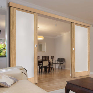 Image: Double Sliding Door & Wall Track - Pattern 10 Oak Doors - Frosted Glass - Unfinished