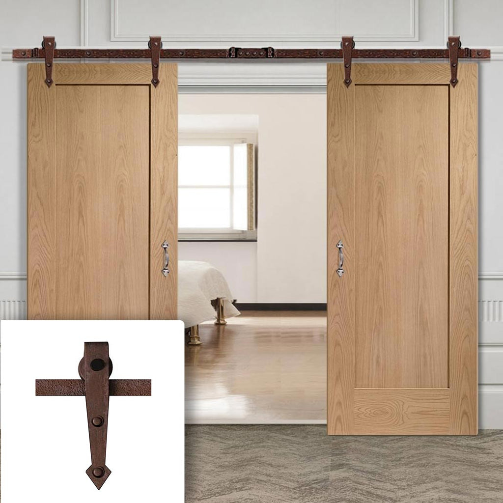 Double Sliding Door & Arrowhead Antique Rust Track - Pattern 10 Oak 1 Panel Doors - Prefinished