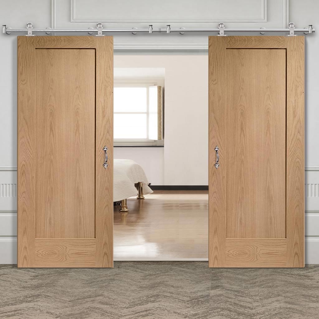 Sirius Tubular Stainless Steel Sliding Track & Pattern 10 Oak 1 Panel Double Door - Unfinished