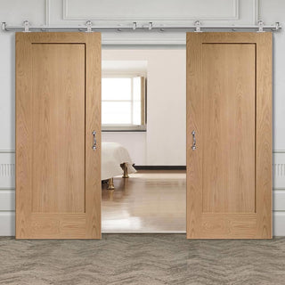 Image: Sirius Tubular Stainless Steel Sliding Track & Pattern 10 Oak 1 Panel Double Door - Unfinished