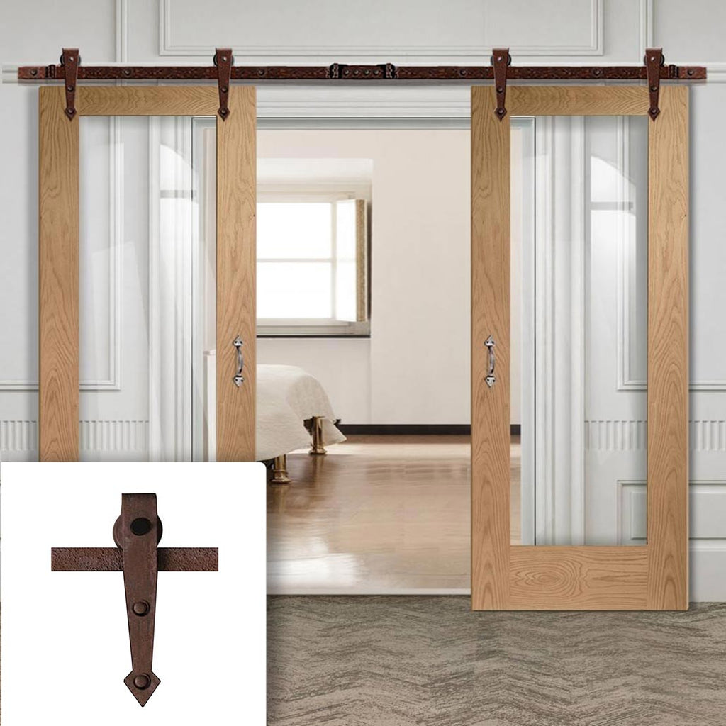 Double Sliding Door & Arrowhead Antique Rust Track - Pattern 10 Oak Doors - Clear Glass - Prefinished