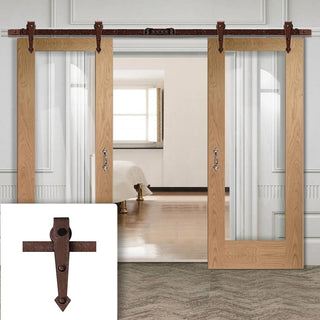 Image: Double Sliding Door & Arrowhead Antique Rust Track - Pattern 10 Oak Doors - Clear Glass - Prefinished