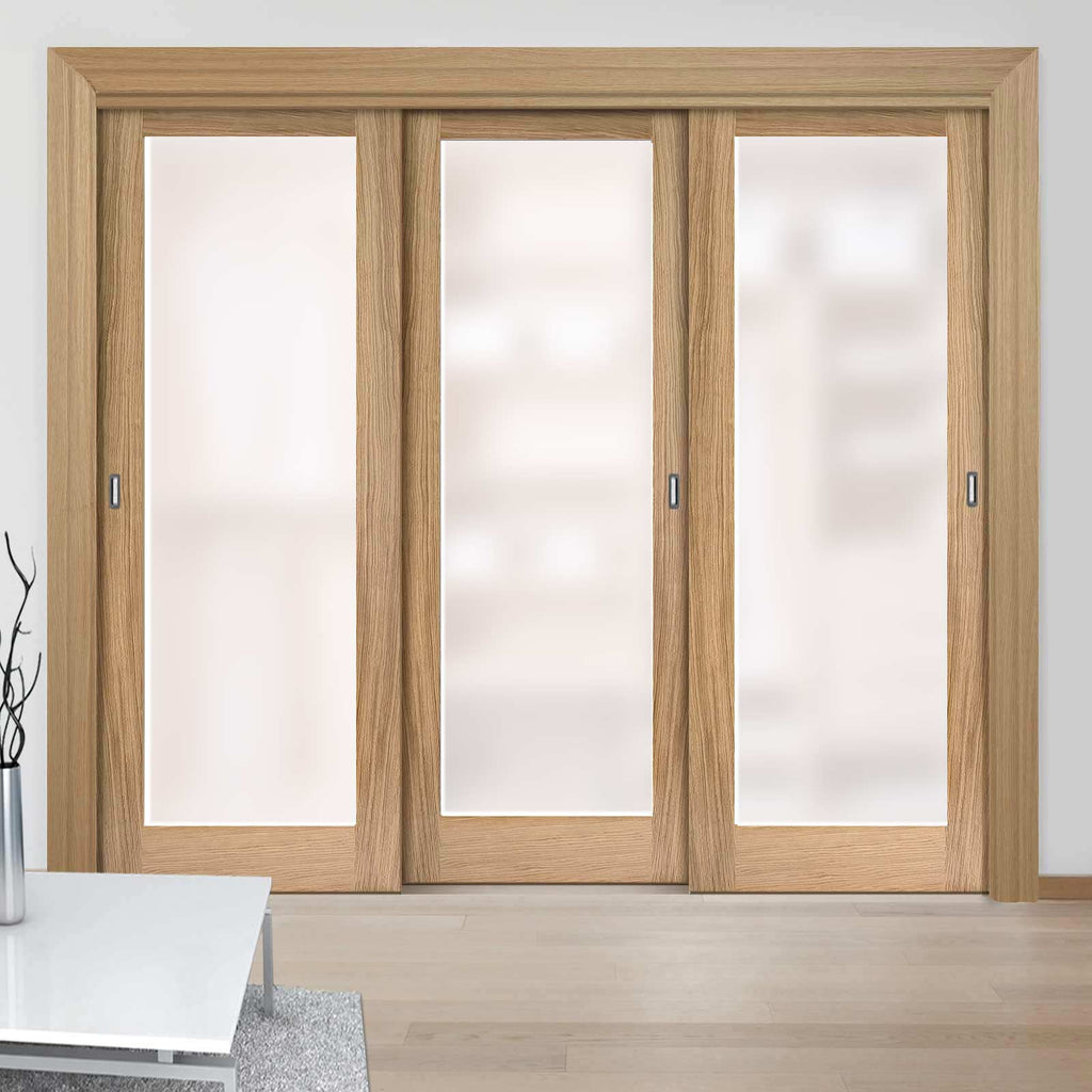 Three Sliding Wardrobe Doors & Frame Kit - Pattern 10 Oak Door - Frosted Glass - Unfinished