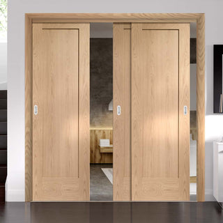 Image: Three Sliding Doors and Frame Kit - Pattern 10 Oak 1 Panel Door - Unfinished