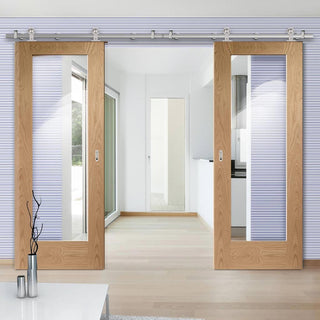 Image: Sirius Tubular Stainless Steel Sliding Track & Pattern 10 Oak 1 Pane Double Door - Clear Glass - Prefinished