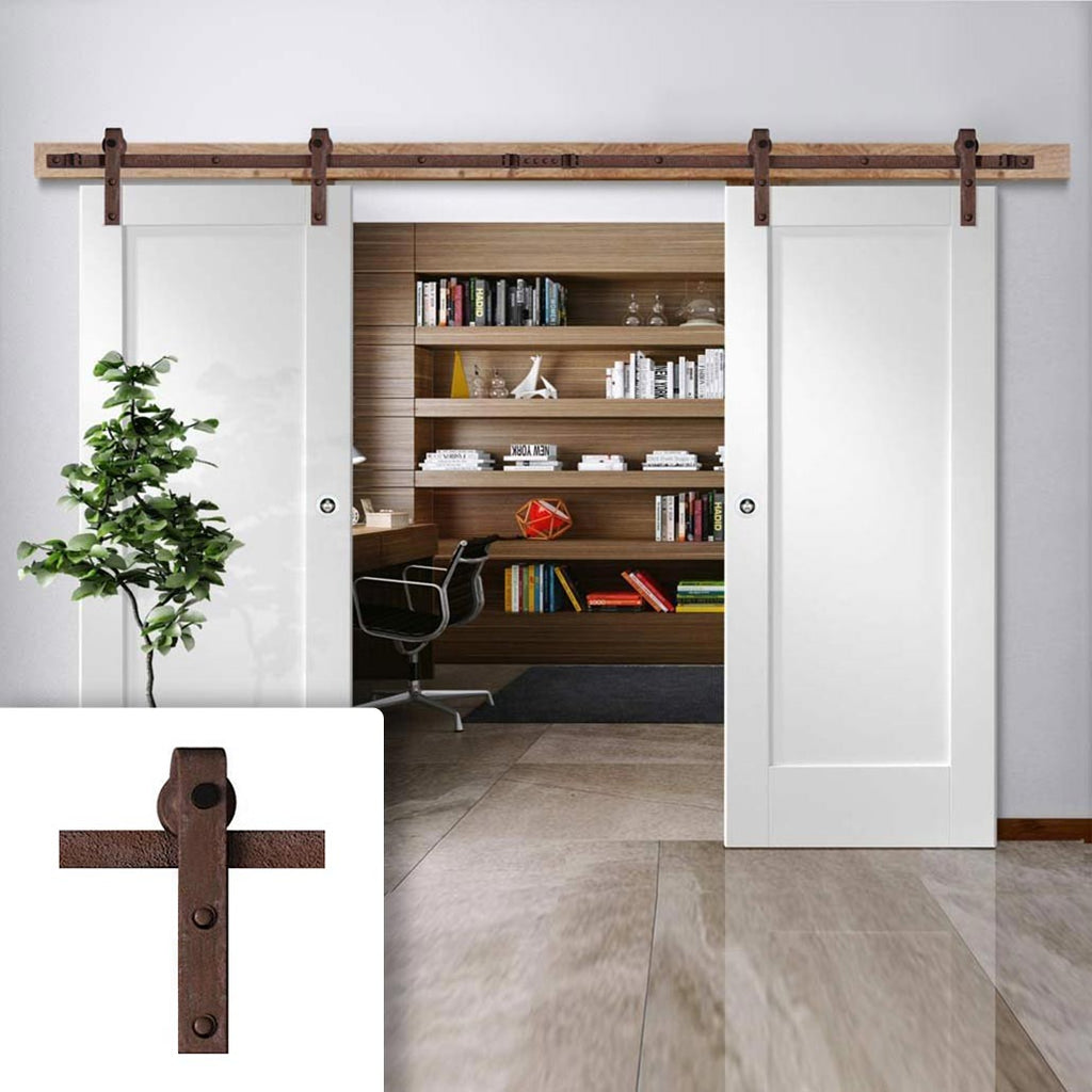 Double Sliding Door & Straight Antique Rust Track - Pattern 10 1 Panel Doors - White Primed