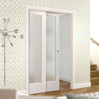Image: Pattern 10 1L Pane Staffetta Twin Telescopic Pocket Doors - Frosted Glass - Primed