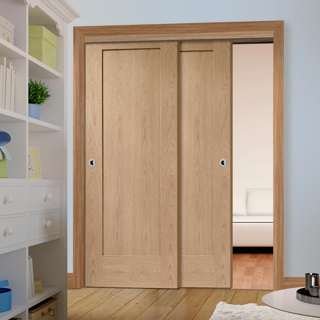 Two Sliding Doors and Frame Kit - Pattern 10 Oak 1 Panel Door - Unfinished