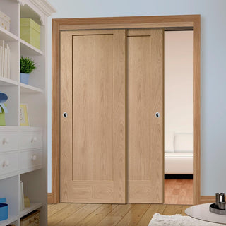 Image: Two Sliding Doors and Frame Kit - Pattern 10 Oak 1 Panel Door - Unfinished