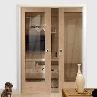 Image: Pattern 10 Oak 1 Pane Double Evokit Pocket Doors - Clear Glass