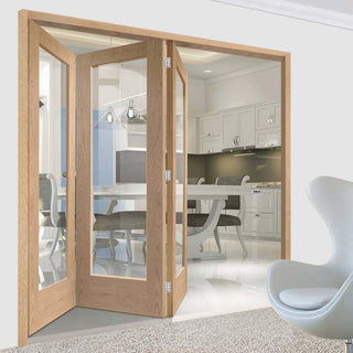 Image: Three Folding Doors & Frame Kit - Pattern 10 Oak 1 Pane 3+0 - Clear Glass - Unfinished