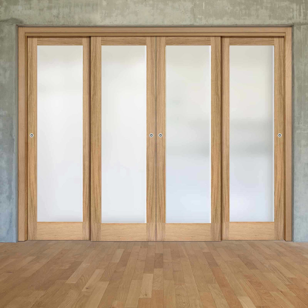 Four Sliding Wardrobe Doors & Frame Kit - Pattern 10 Oak Door - Frosted Glass - Unfinished