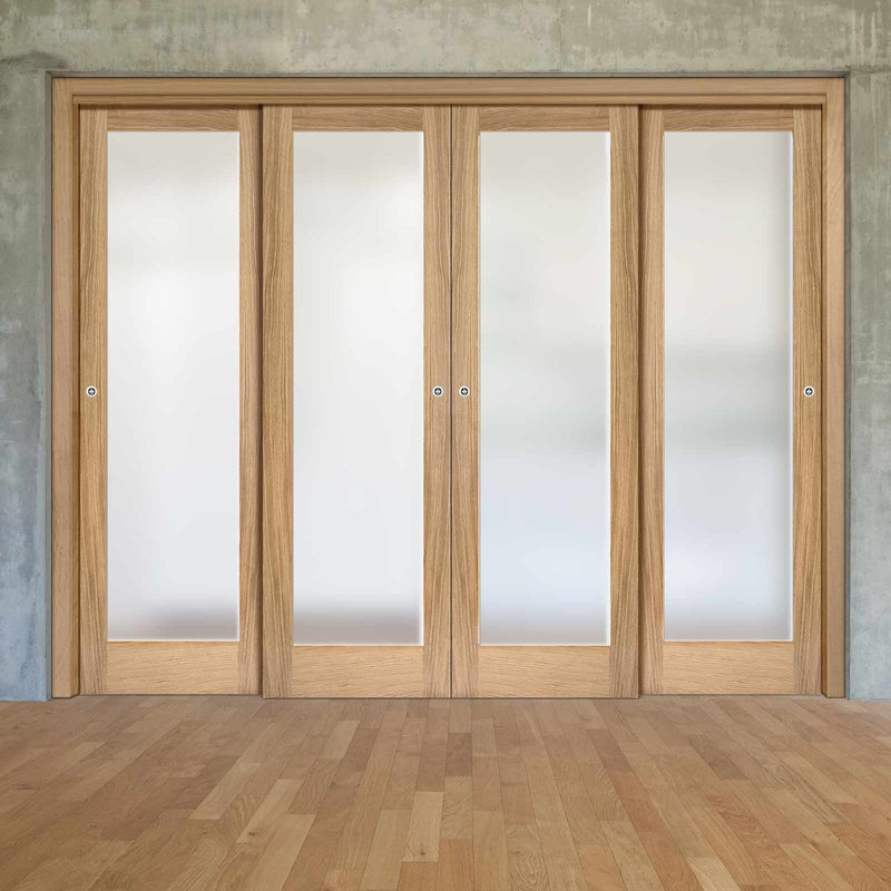 Four Sliding Doors and Frame Kit - Pattern 10 Oak Door - Full Pane Frosted Glass - Unfinished