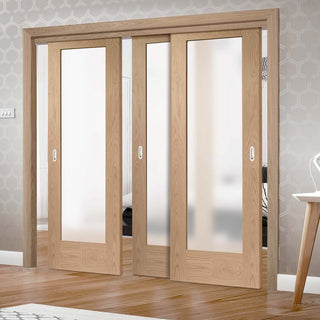 Image: Three Sliding Doors and Frame Kit - Pattern 10 Shaker Oak Door - Obscure Glass - Unfinished